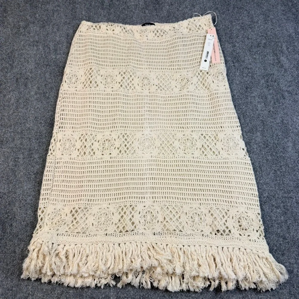 Aqua Crochet Midi Skirt Women XL Cream Fringe Boho Bloomingdales NWT
